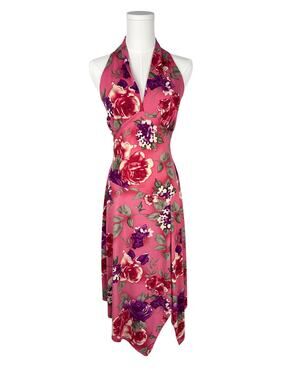 Y2K David Wayne Pink Floral Asymmetrical Hem V Neck Midi Dress M